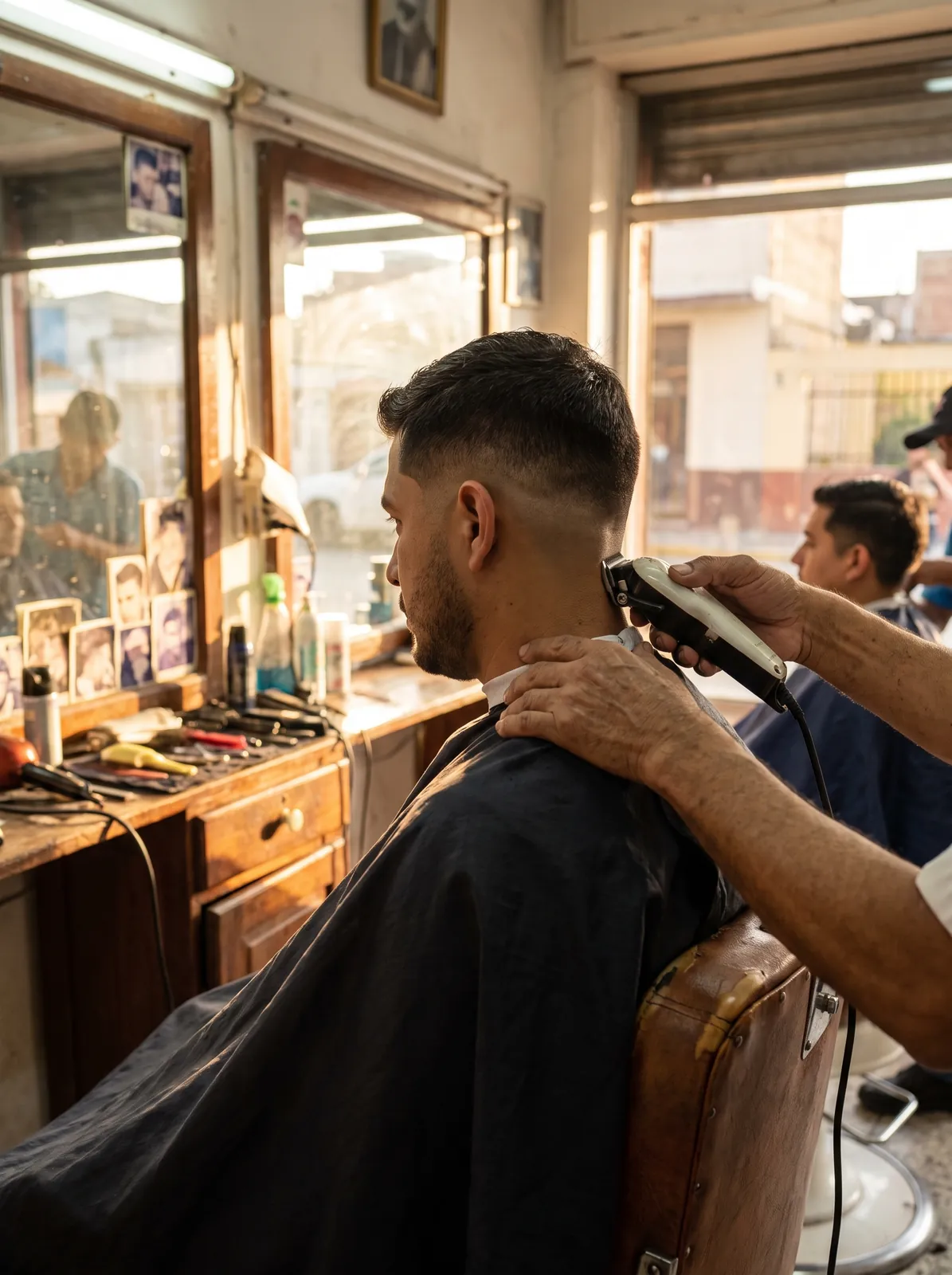 Un barbero terminando un corte