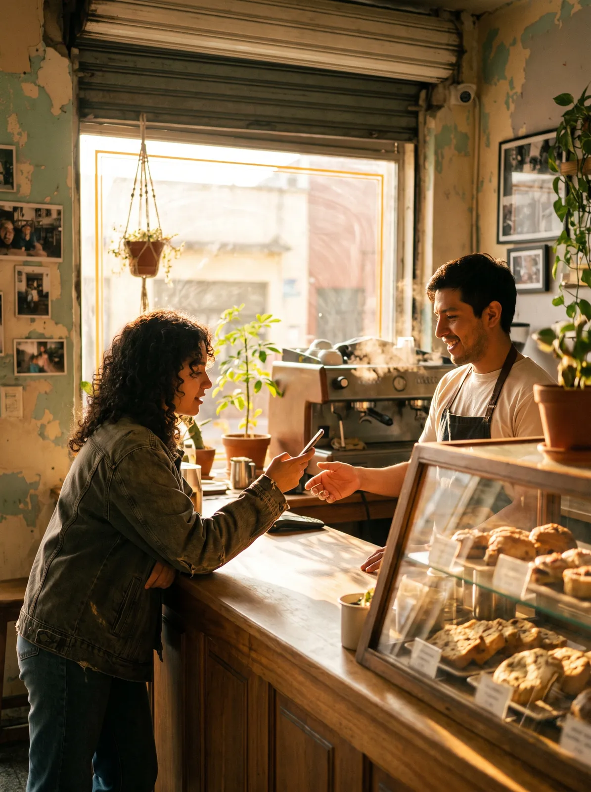 Una clienta muestra su teléfono en el mostrador de una cafetería